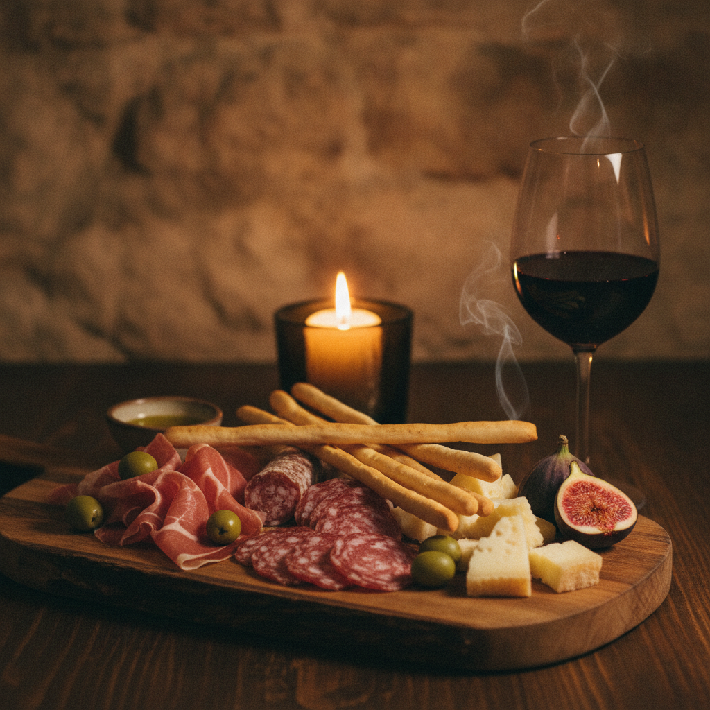Italian antipasti board with wine